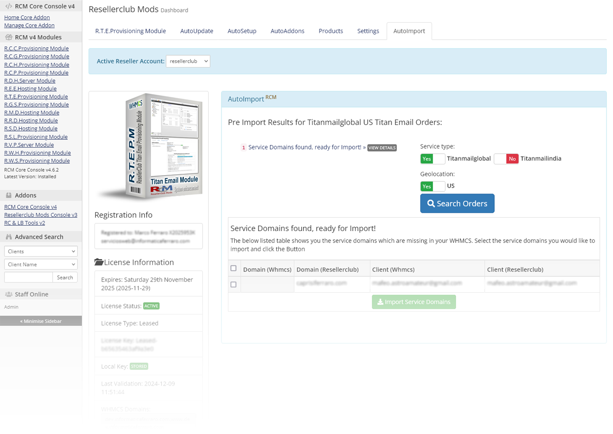 Resellerclub Mods Console AutoImport Overview