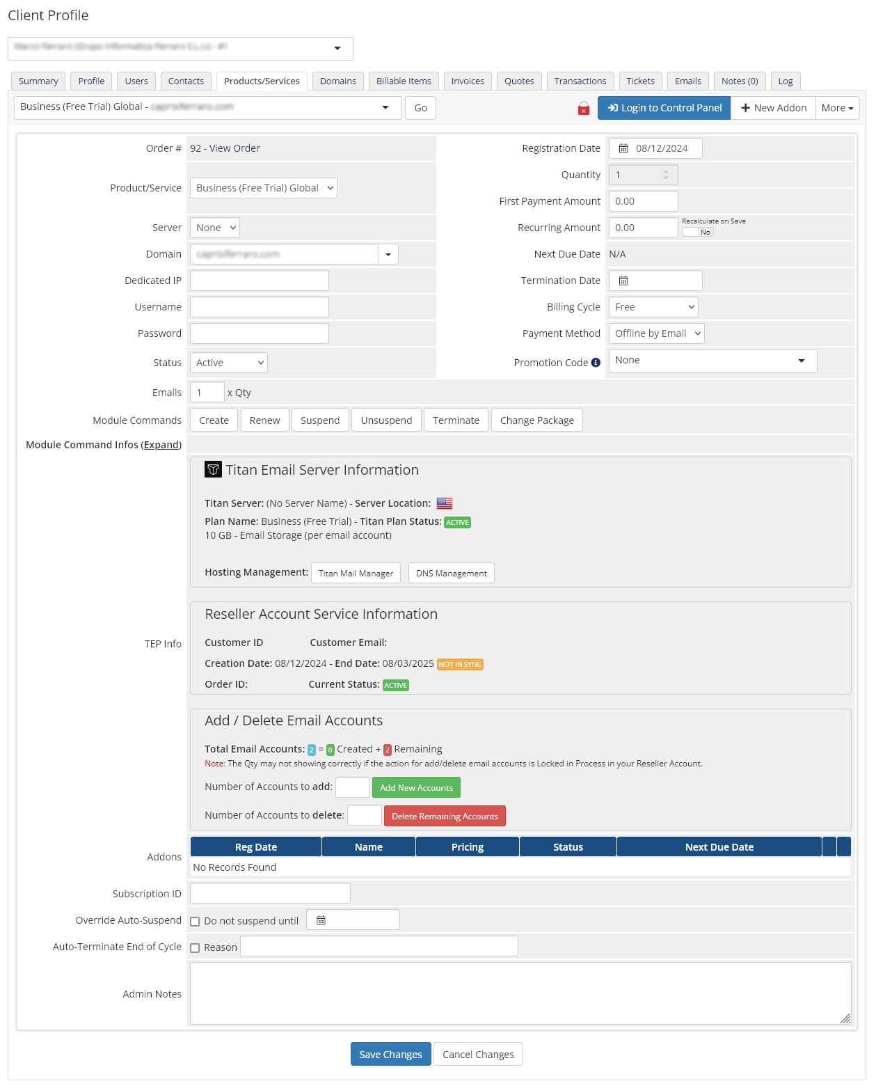 Admin Area Titan Email Products details